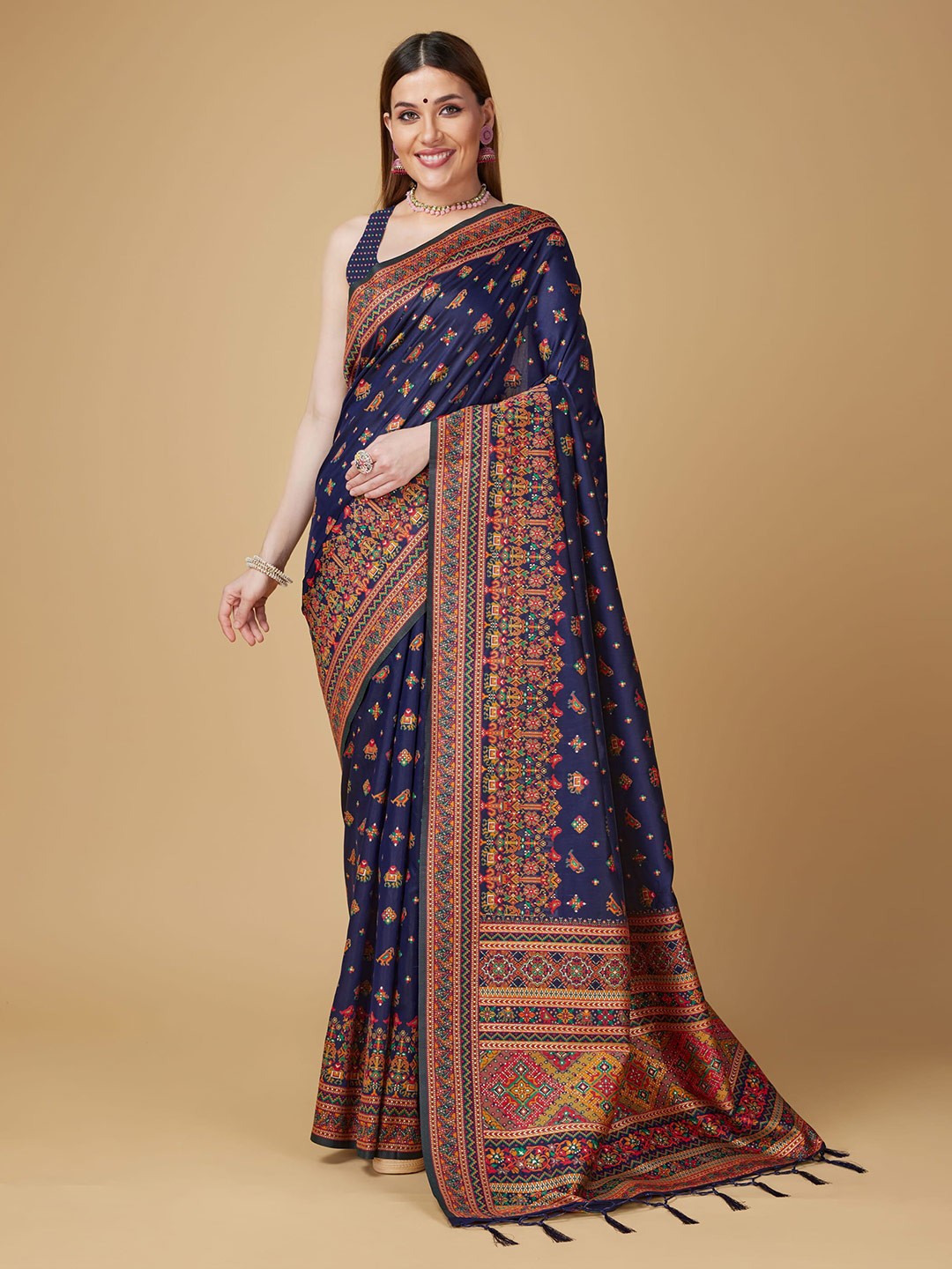 

RAJ DHARMA SILK Ethnic Motifs Woven Design Zari Detailed Banarasi Saree, Navy blue