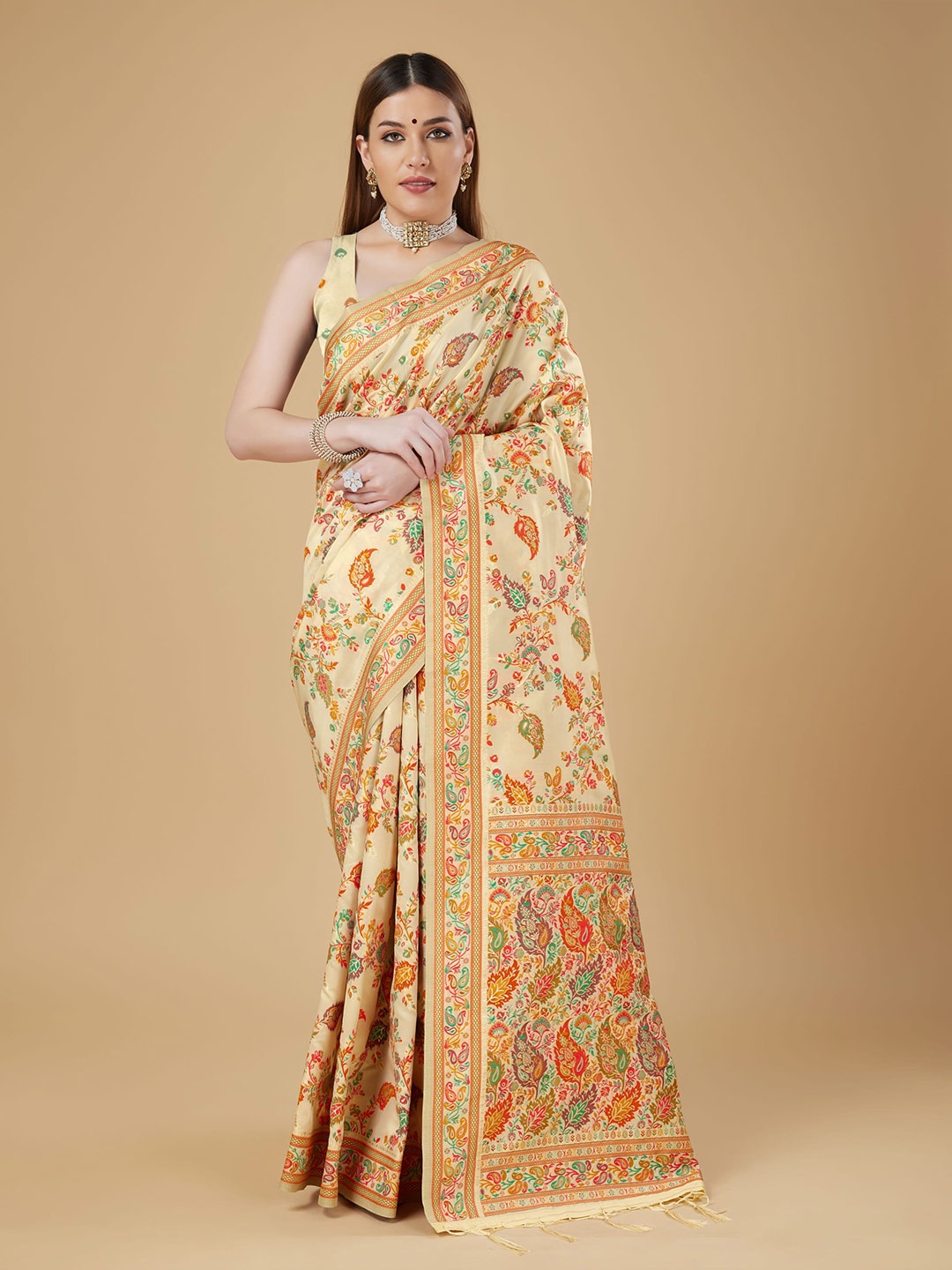 

RAJ DHARMA SILK Ethnic Motifs Woven Design Zari Banarasi Saree, Cream