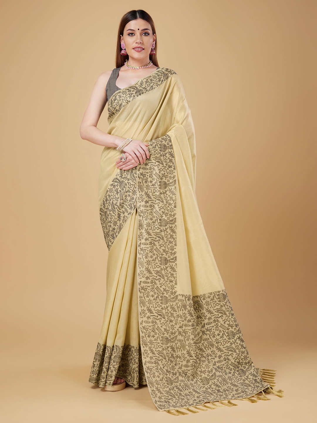 

RAJ DHARMA SILK Woven Design Border Zari Banarasi Saree, Cream