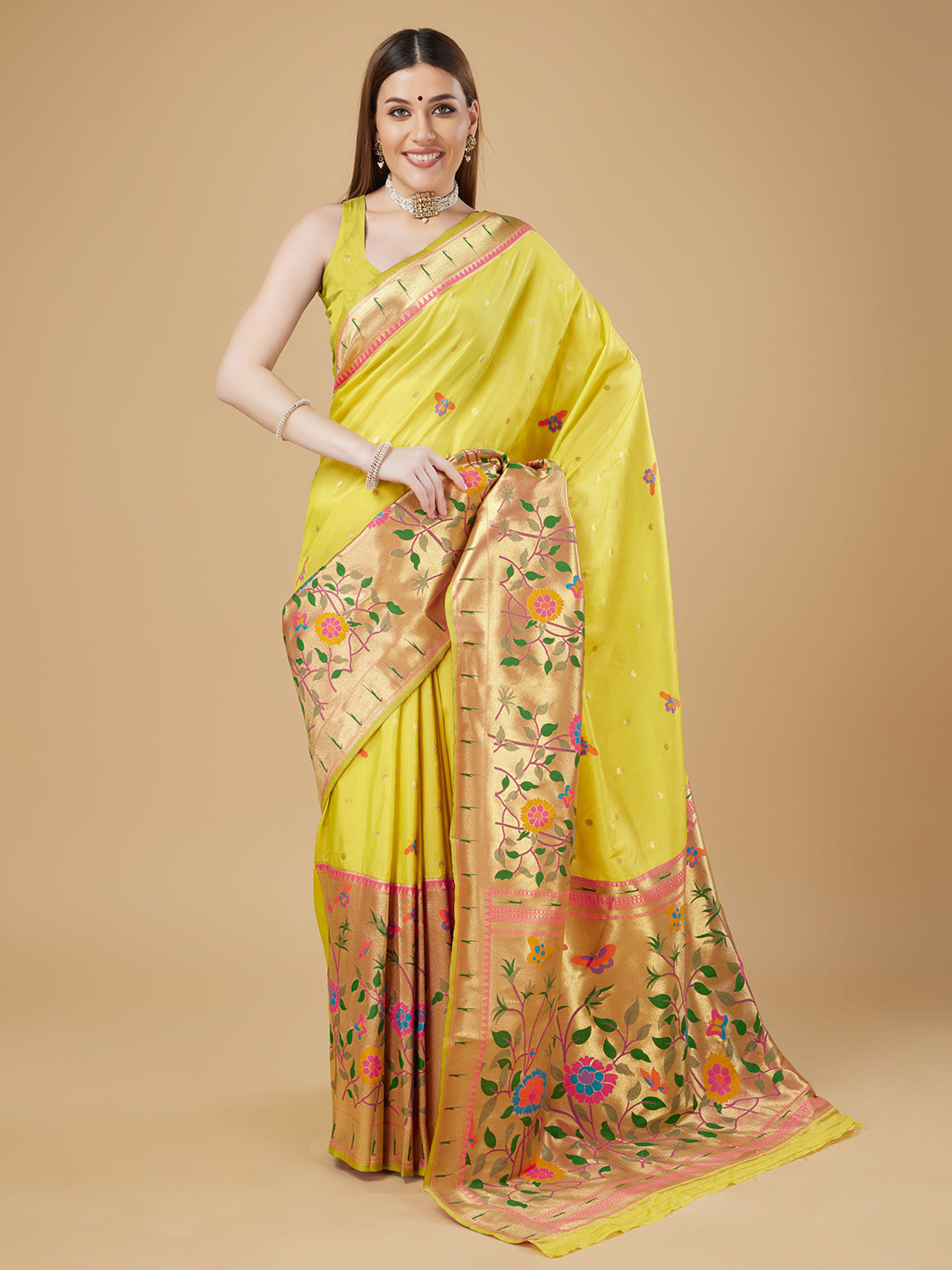 

RAJ DHARMA SILK Ethnic Motifs Woven Design Zari Paithani Saree, Yellow