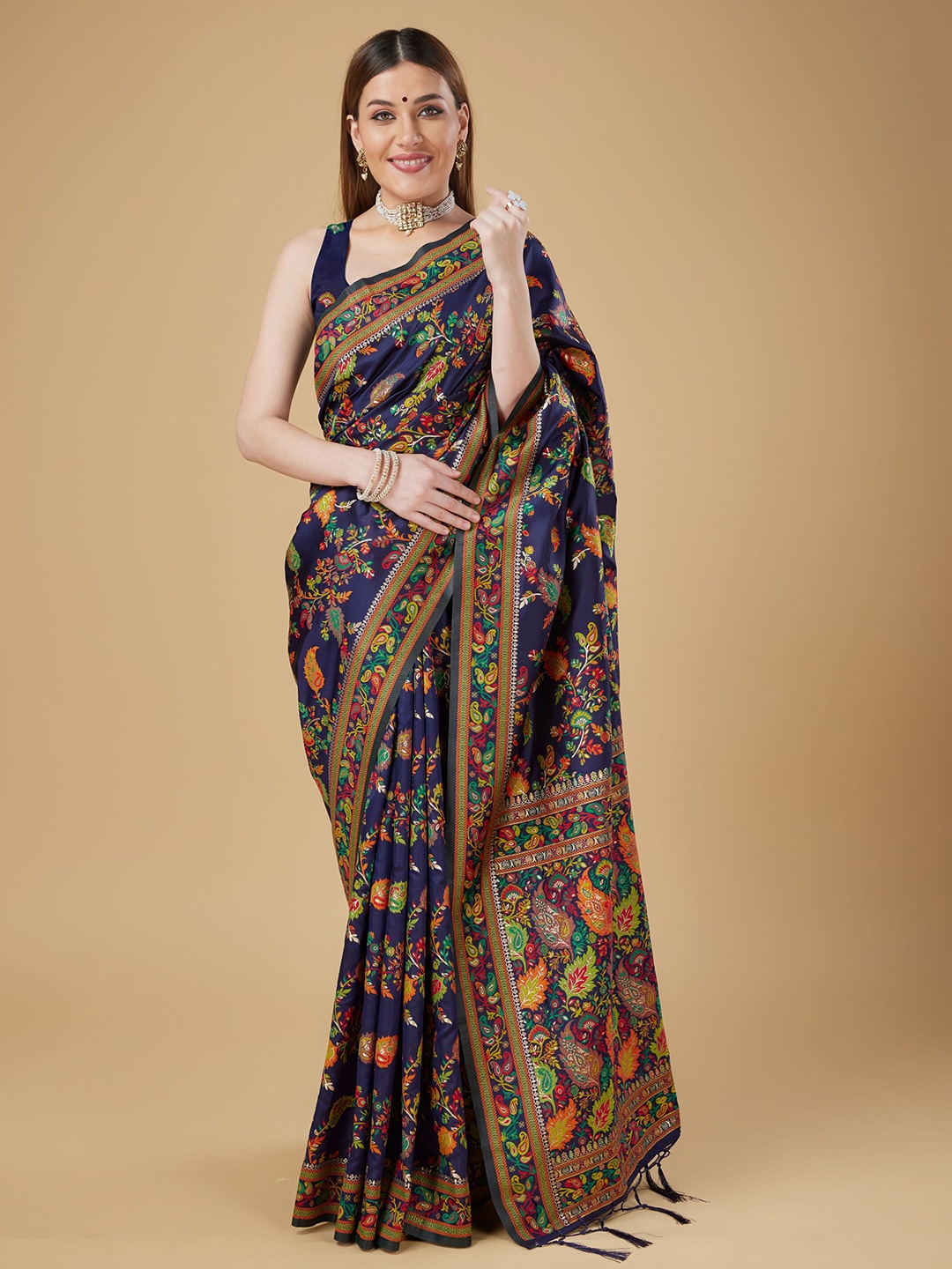 

RAJ DHARMA SILK Floral Woven Design Zari Detailed Banarasi Saree, Navy blue