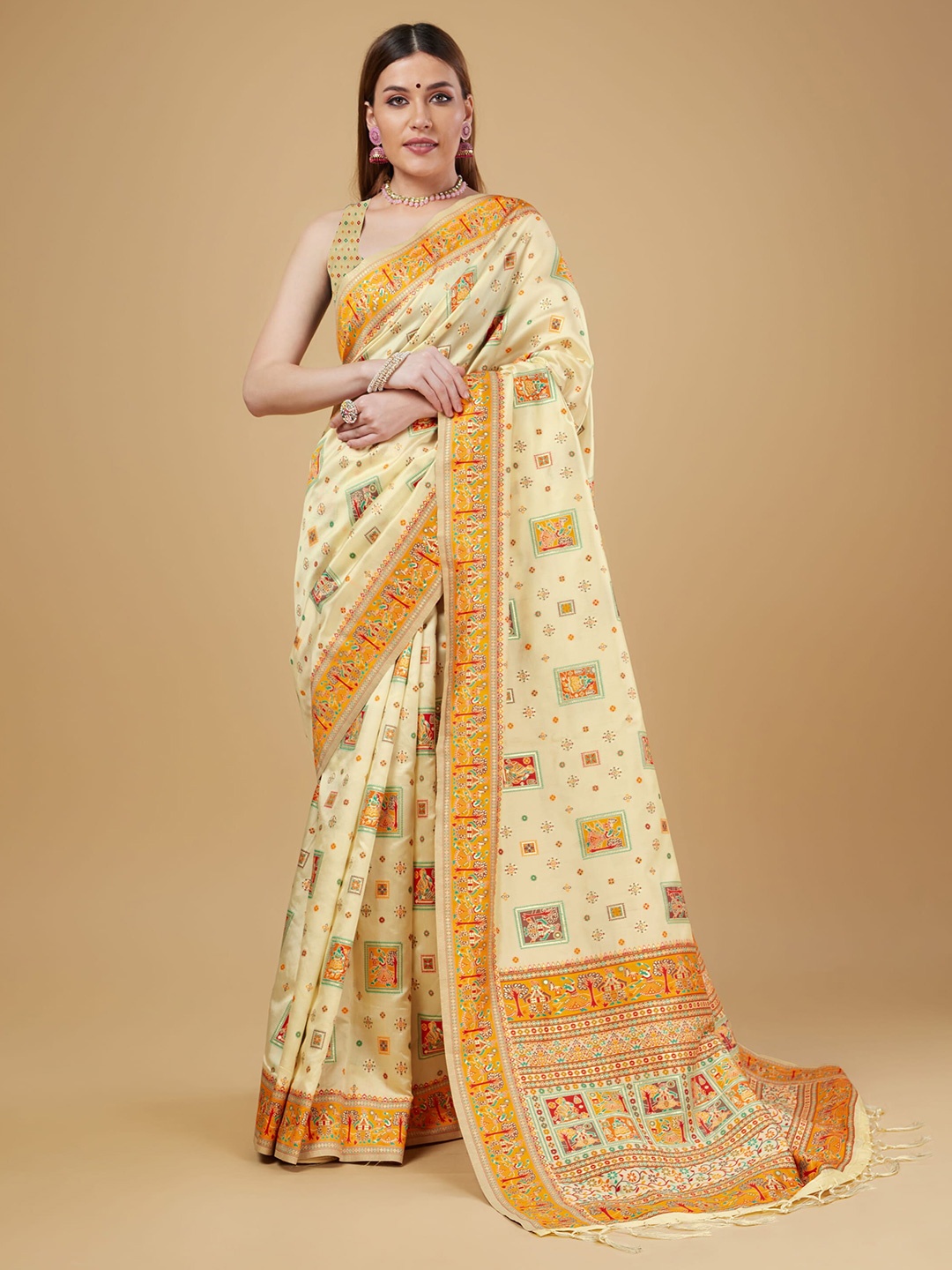 

RAJ DHARMA SILK Ethnic Motifs Woven Design Zari Banarasi Saree, Cream