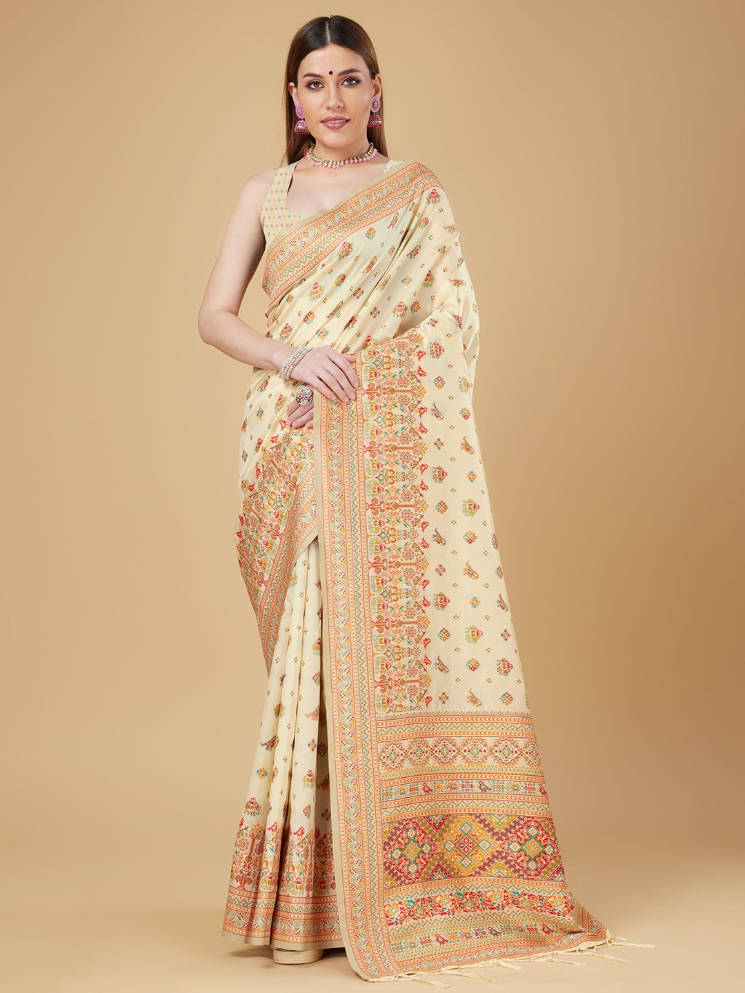 

RAJ DHARMA SILK Ethnic Motifs Woven Design Pashmina Work Zari Banarasi Saree, Cream