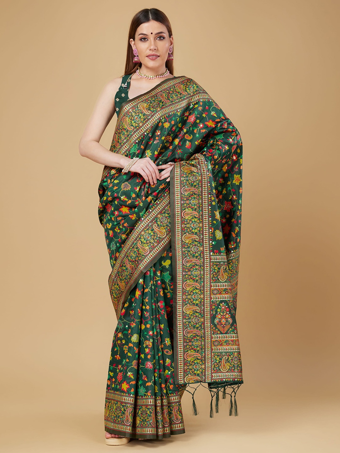 

RAJ DHARMA SILK Floral Woven Design Zari Banarasi Saree, Green