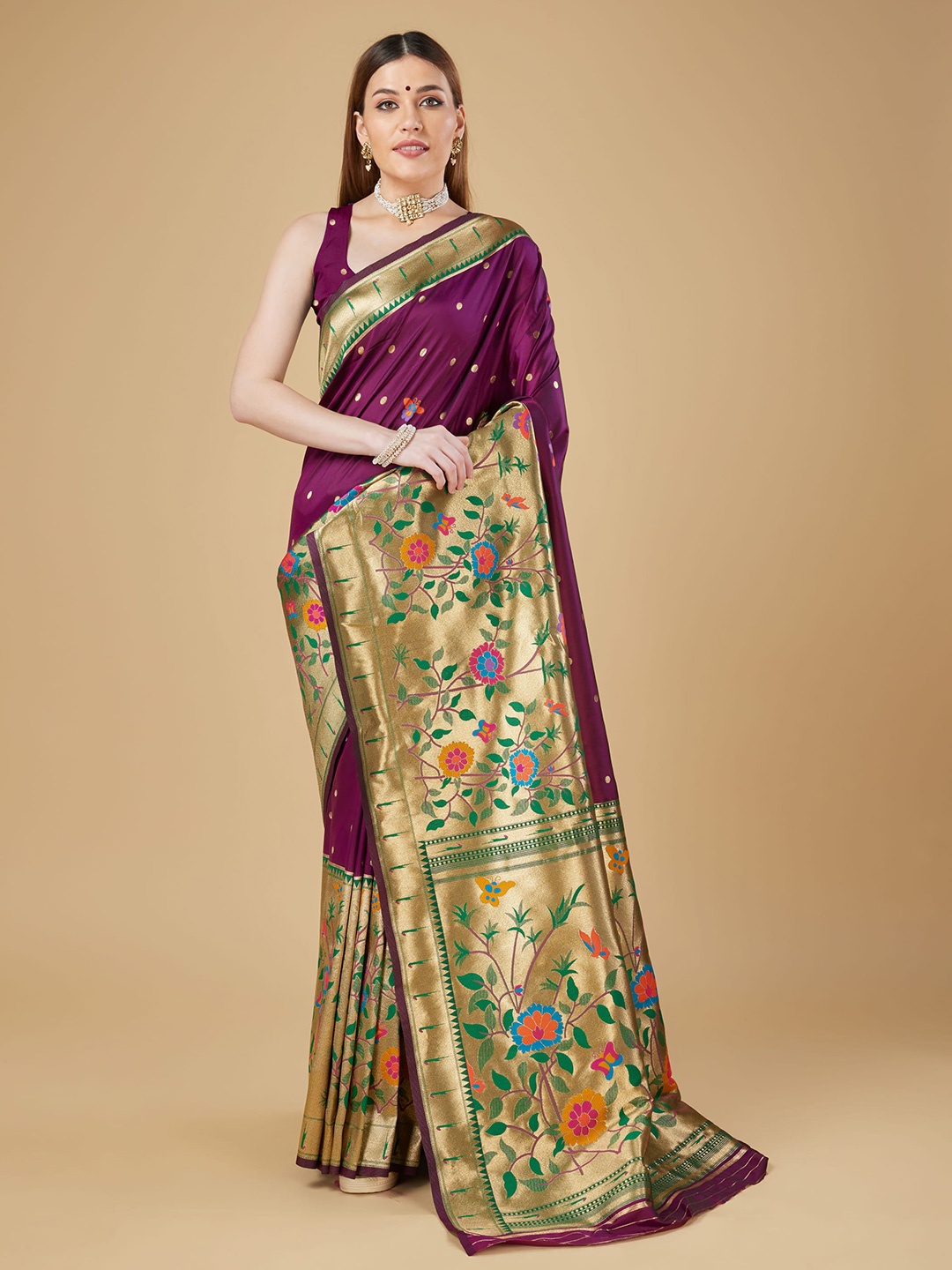 

RAJ DHARMA SILK Floral Woven Design Zari Paithani Saree, Purple