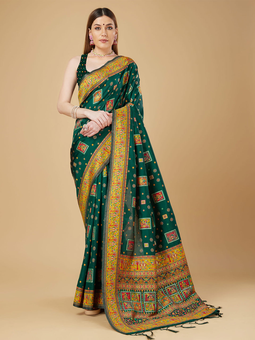 

RAJ DHARMA SILK Ethnic Motifs Woven Design Zari Detailed Banarasi Saree, Green