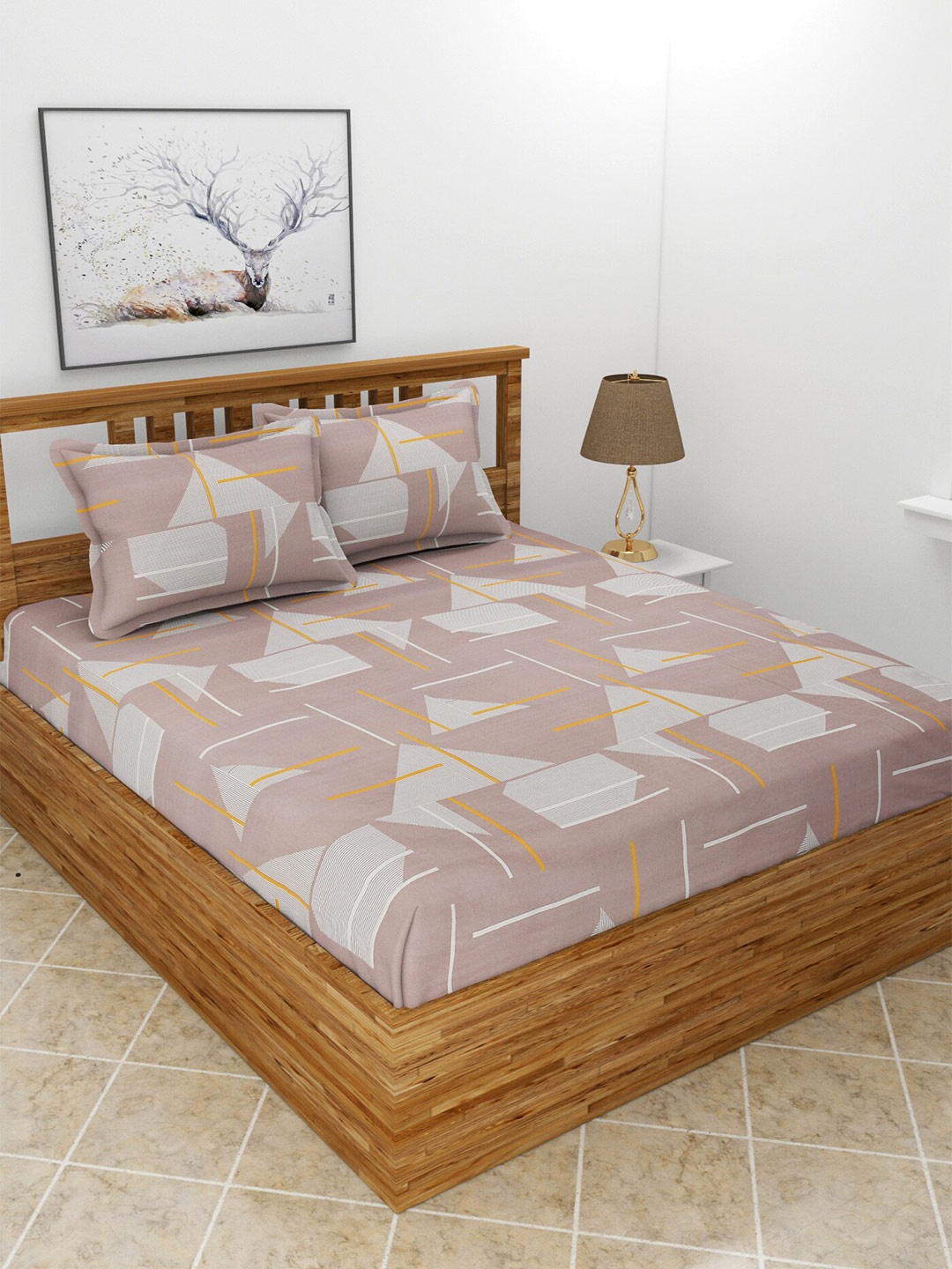 

BREVARD Brown & White Geometric 210 TC Queen Bedsheet with 2 Pillow Covers