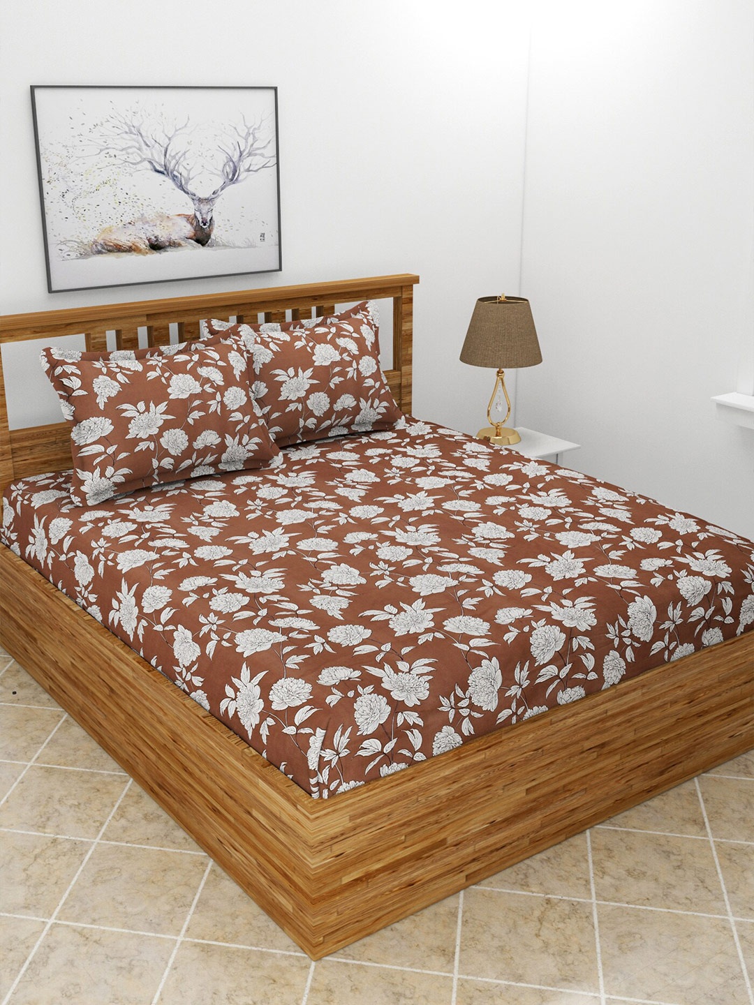 

BREVARD Brown & White Floral 210 TC Queen Bedsheet with 2 Pillow Covers