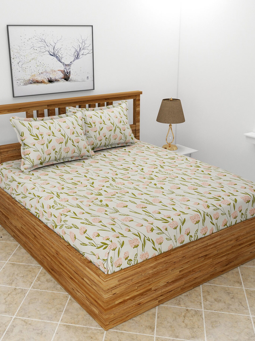 

BREVARD Beige & Green Floral 210 TC Queen Bedsheet with 2 Pillow Covers