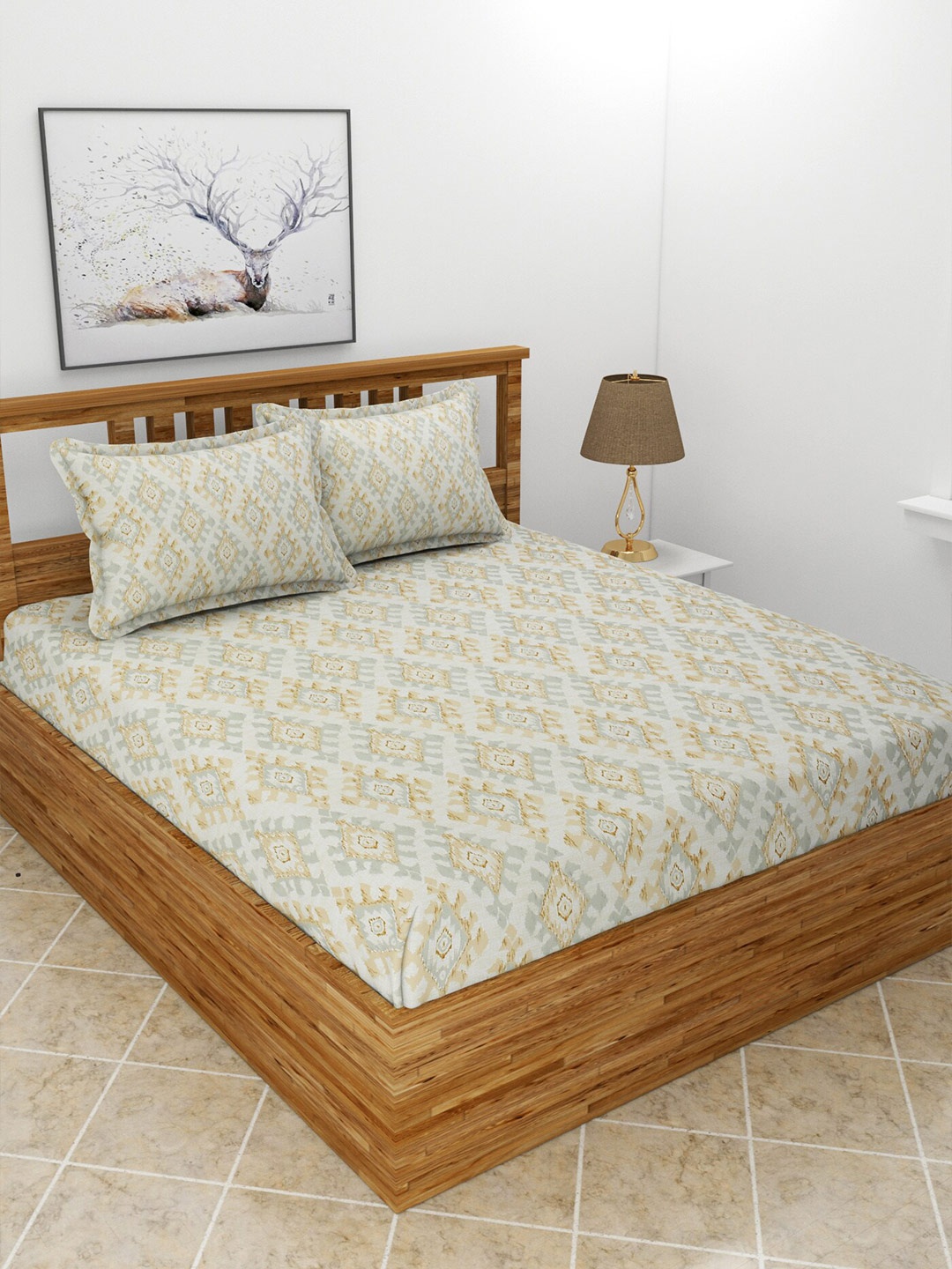 

BREVARD Off White & Brown Ethnic Motifs 210 TC Queen Bedsheet with 2 Pillow Covers