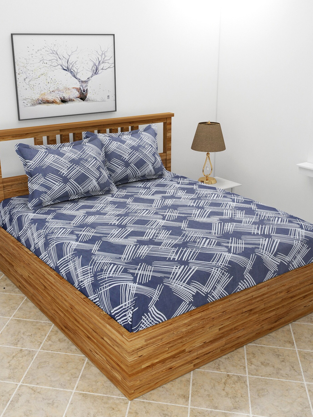 

BREVARD Blue & Grey Geometric 210 TC Queen Bedsheet With 2 Pillow Covers