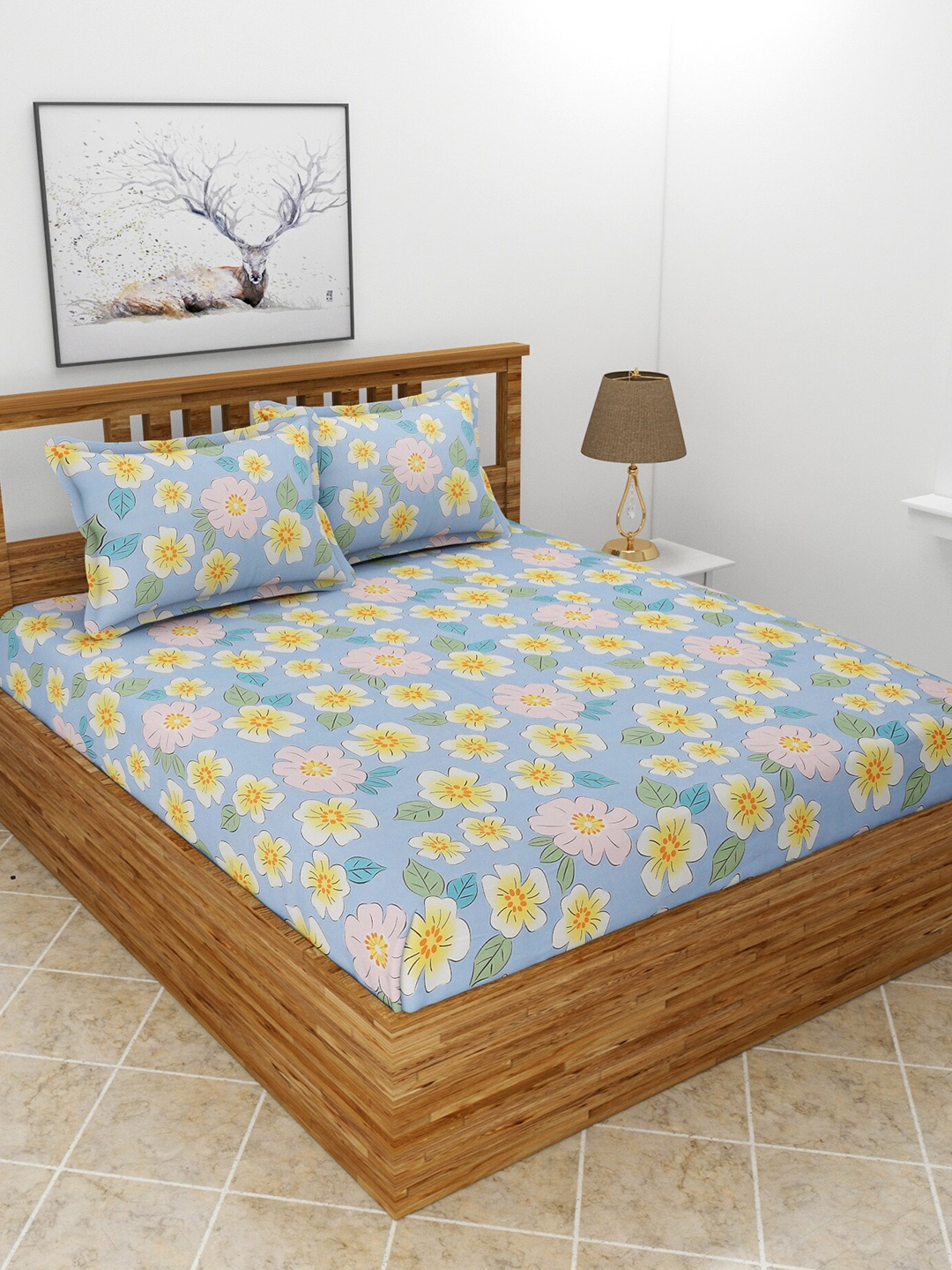

BREVARD Blue & Pink Floral 210 TC Queen Bedsheet With 2 Pillow Covers