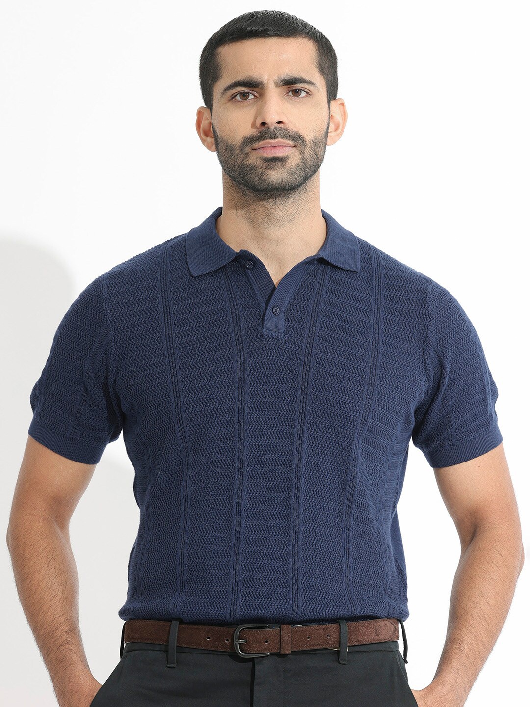 

RARE RABBIT Men Mesk Polo Collar Slim Fit Cotton T-Shirt, Navy blue