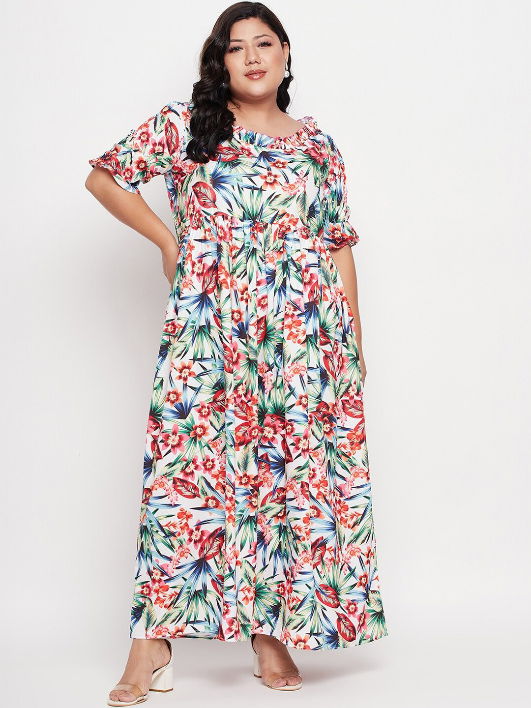 

NABIA Plus Size Floral Printed Puff Slevees Maxi Dress, Multi