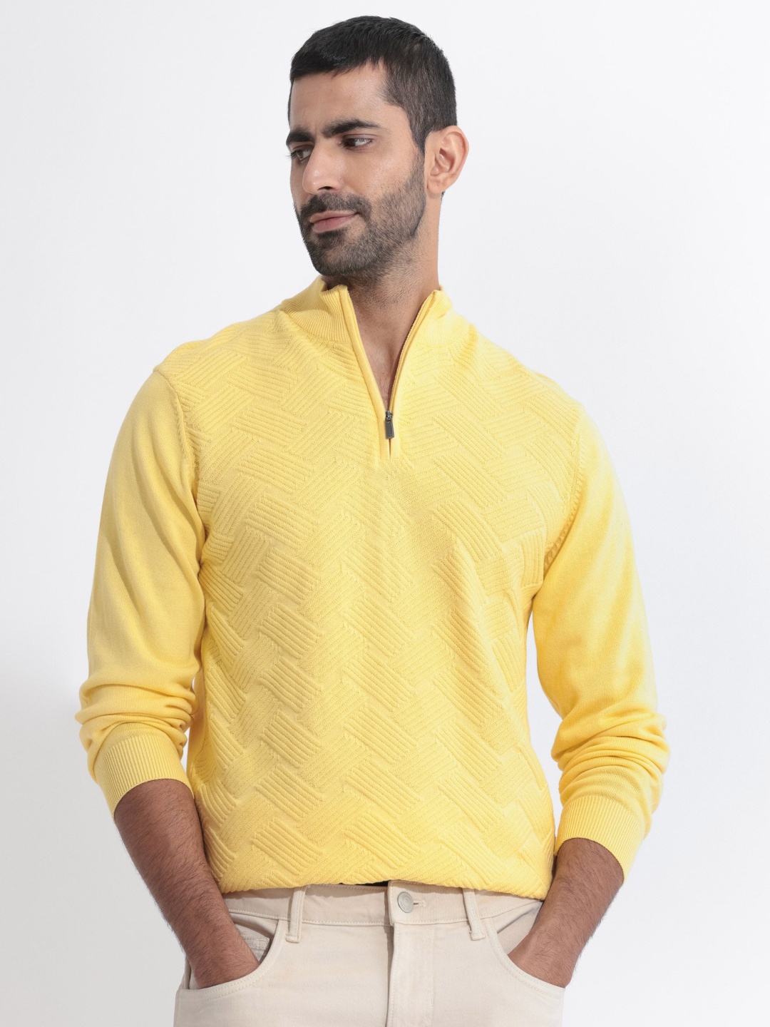 

RARE RABBIT Men Troyo Solid Mock Collar Sweater, Yellow