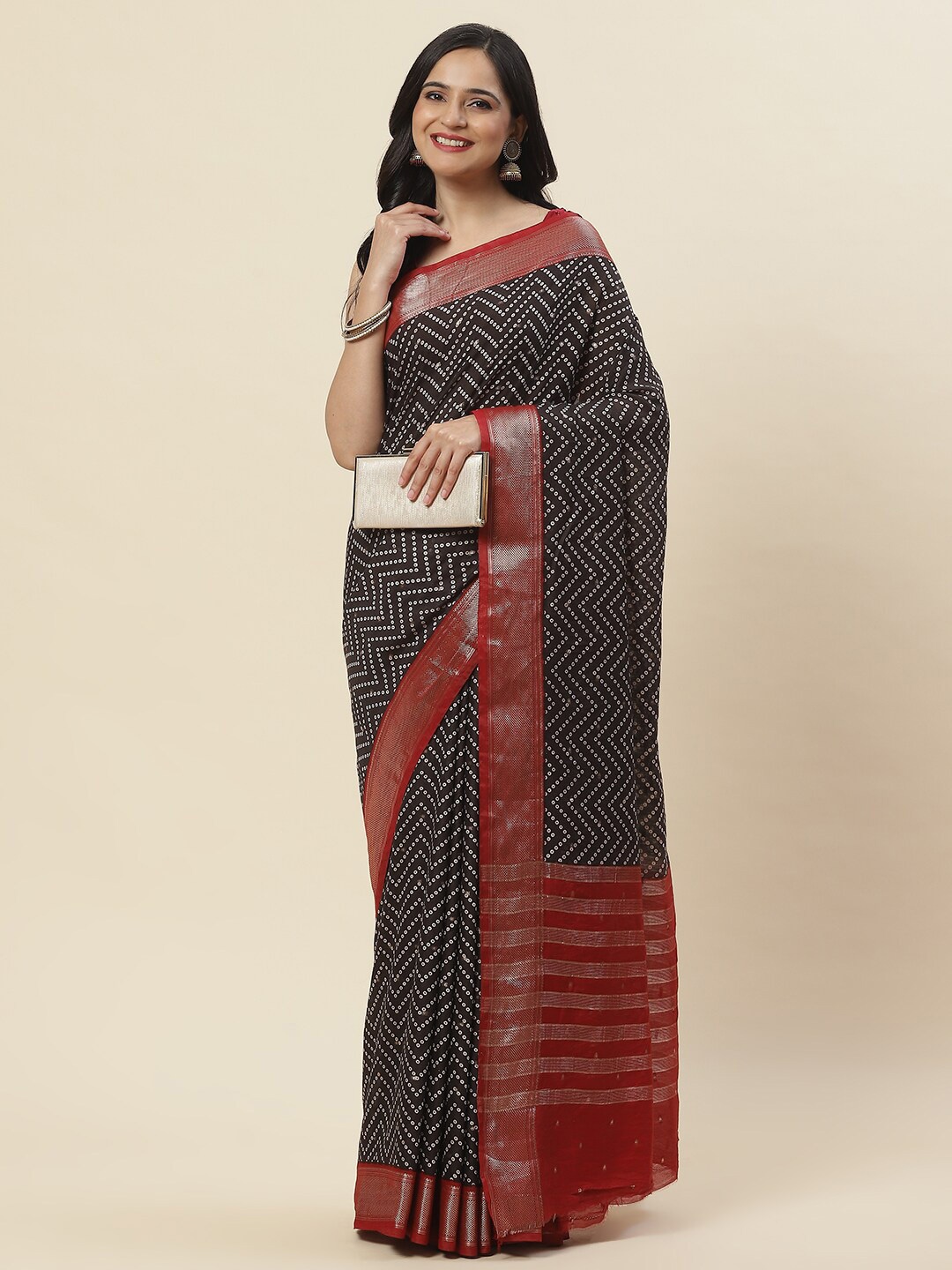 

Meena Bazaar Bandhani Printed Zari Art Silk Saree, Black