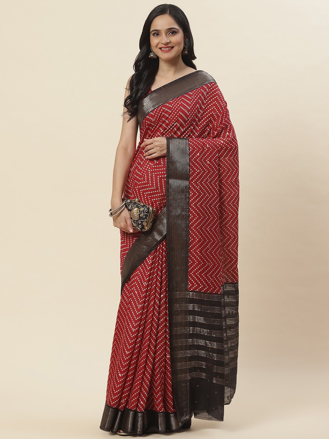 

Meena Bazaar Bandhani Printed Zari Saree, Red