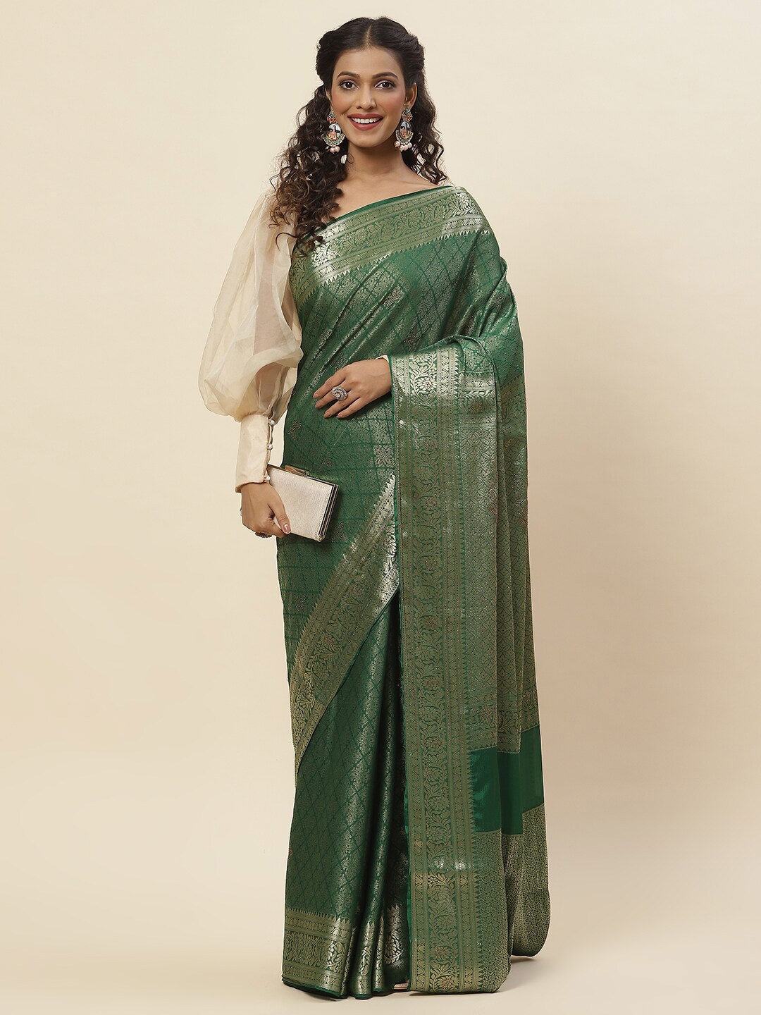 

Meena Bazaar Ethnic Motifs Woven Design Zari Detailed Saree, Green