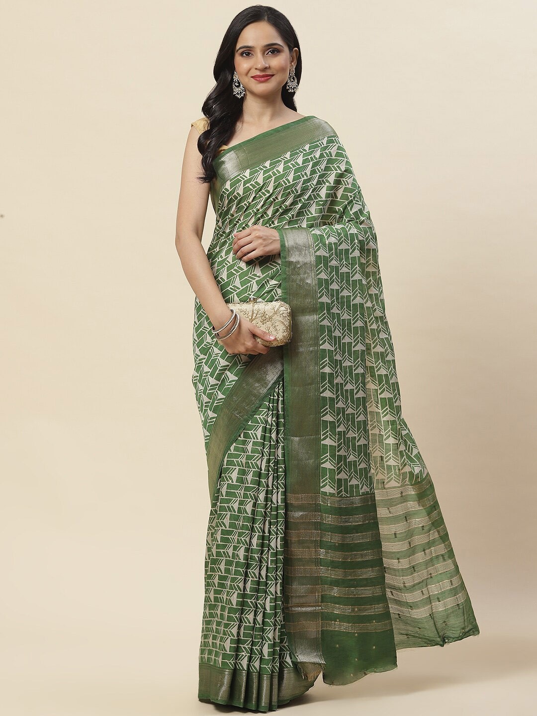 

Meena Bazaar Geometric Printed Zari Art Silk Saree, Green