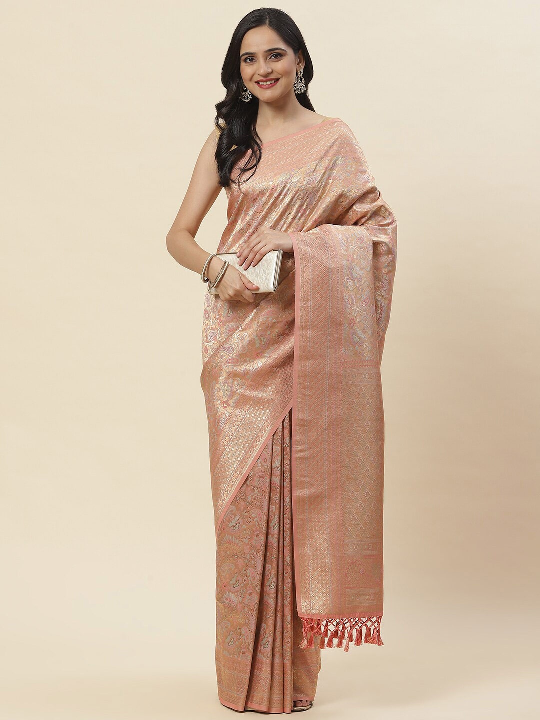 

Meena Bazaar Ethnic Motifs Woven Design Zari Banarasi Saree, Peach
