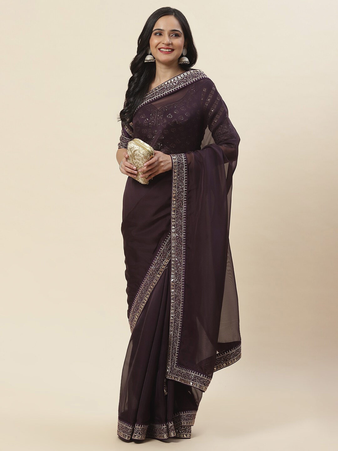

Meena Bazaar Embroidered Sequined Border Organza Saree, Purple