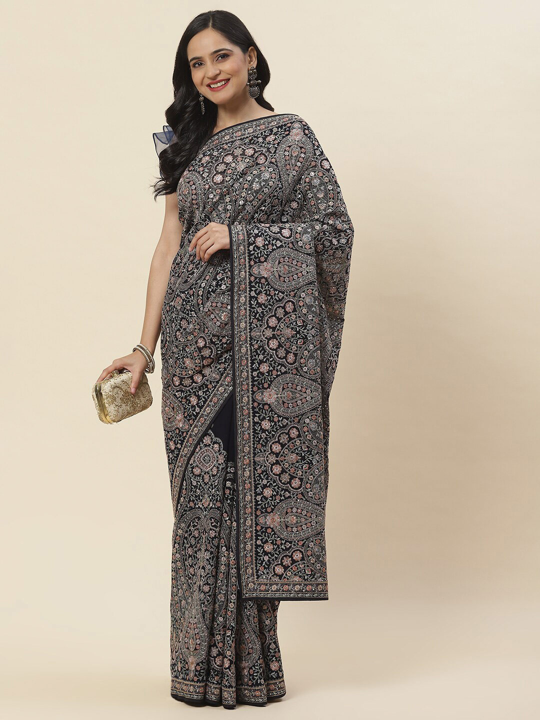 

Meena Bazaar Ethnic Motifs Embroidered Sequined Saree, Navy blue