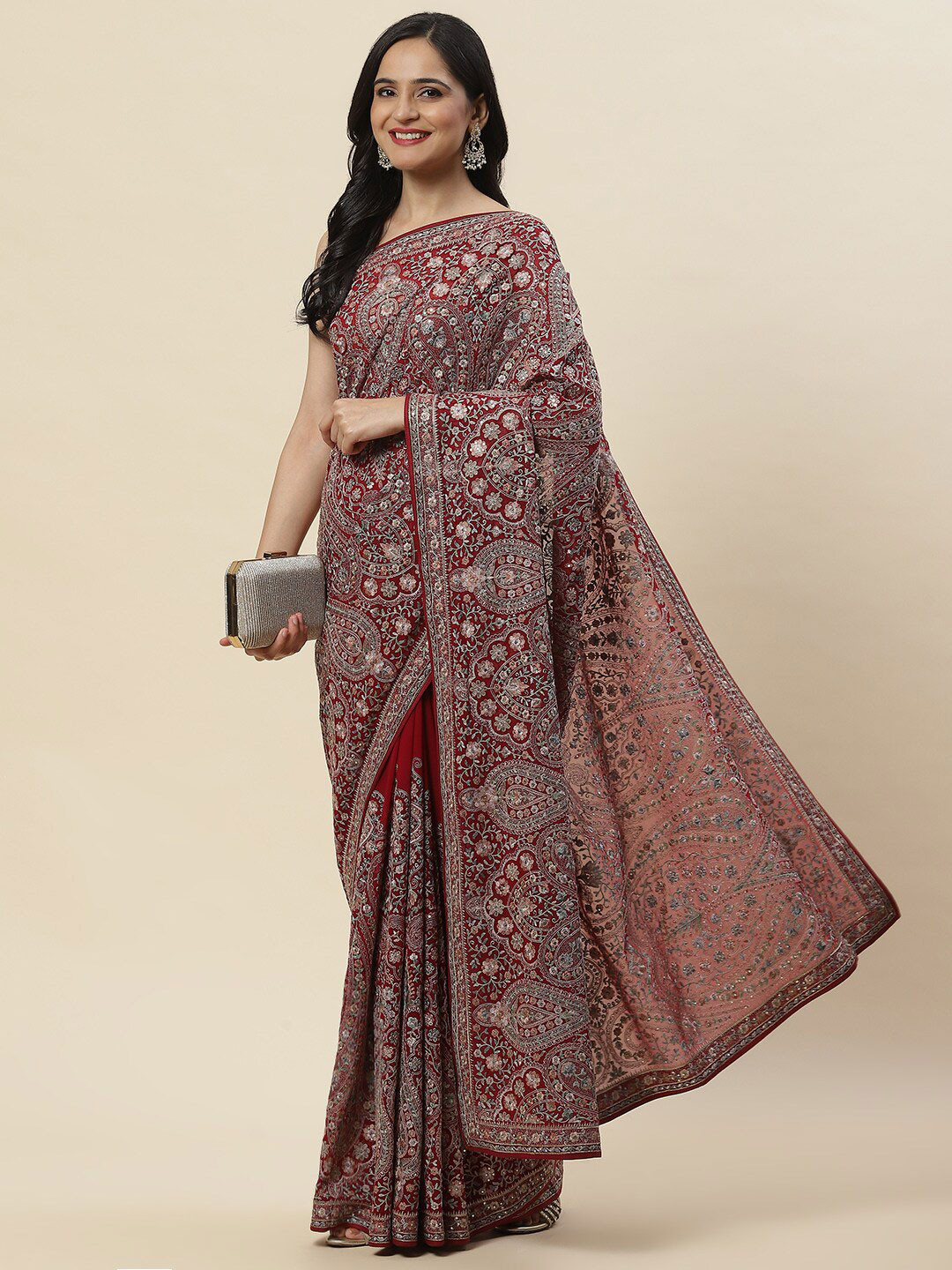 

Meena Bazaar Ethnic Motifs Embroidered Sequined Saree, Maroon
