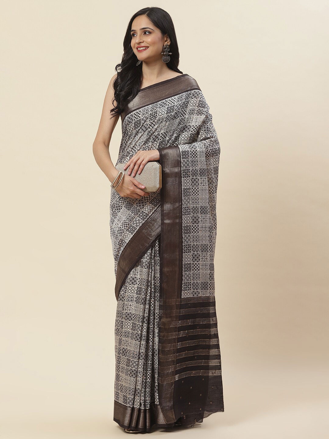 

Meena Bazaar Ethnic Motifs Printed Zari Detailed Saree, Black