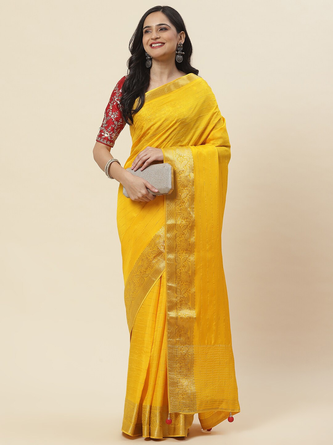 

Meena Bazaar Striped Zari Detailed Saree, Mustard