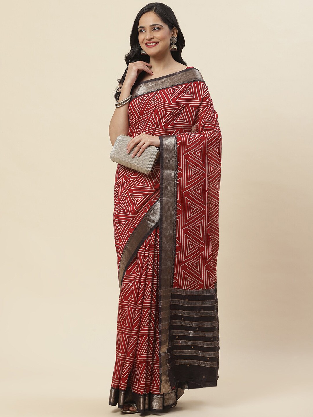 

Meena Bazaar Geometric Printed Zari Saree, Red