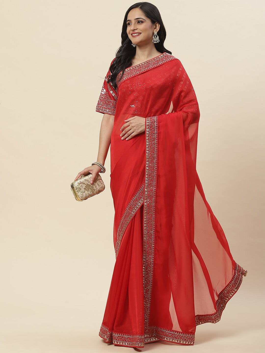 

Meena Bazaar Sequinned Detailed Organza Saree, Red
