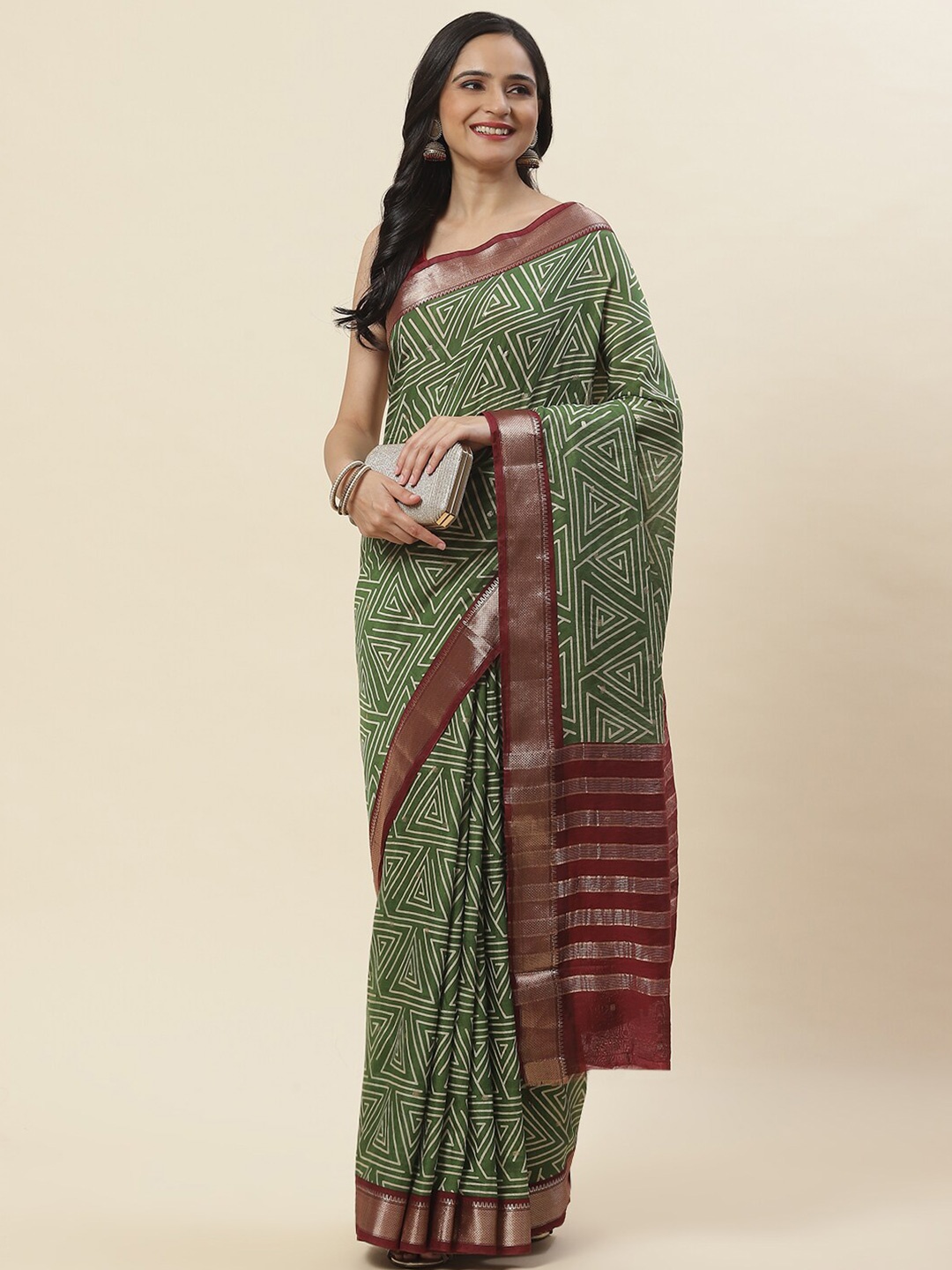 

Meena Bazaar Geometric Printed Zari Detailed Saree, Green
