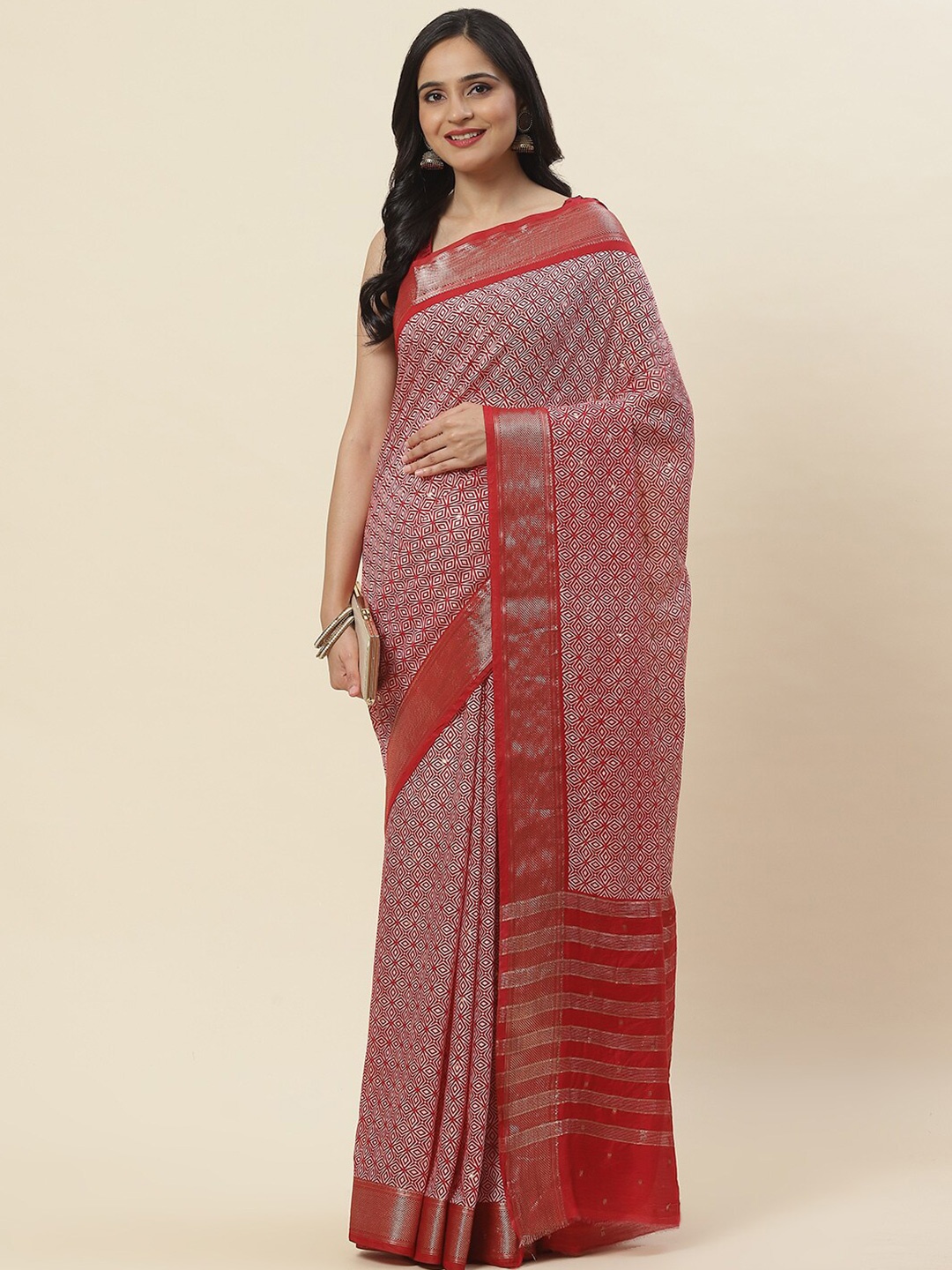 

Meena Bazaar Geometric Printed Zari Art Silk Saree, Red