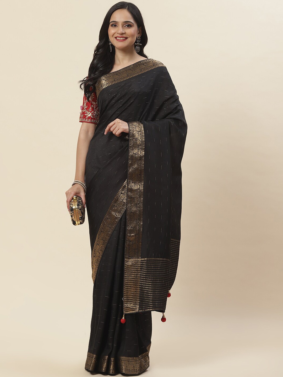 

Meena Bazaar Embellished Zari Saree, Black