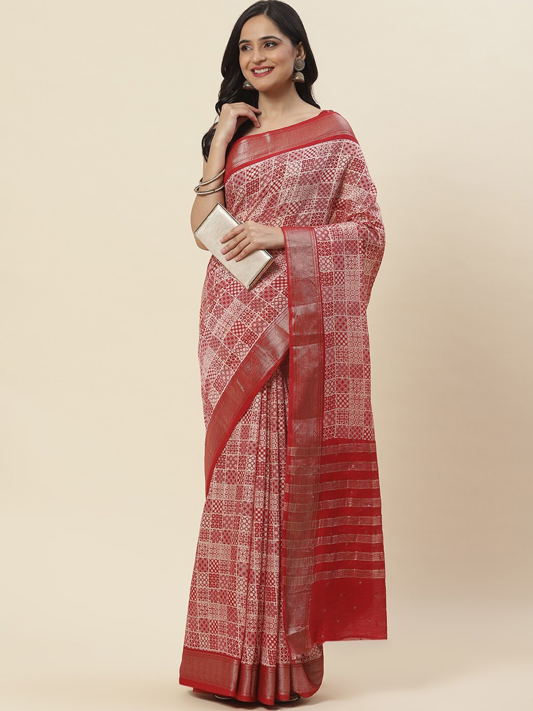 

Meena Bazaar Ethnic Motifs Printed Zari Detailed Saree, Red