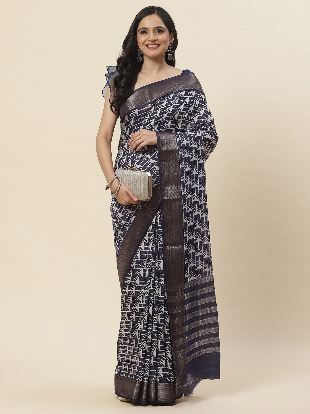 

Meena Bazaar Geometric Printed Zari Detailed Saree, Navy blue