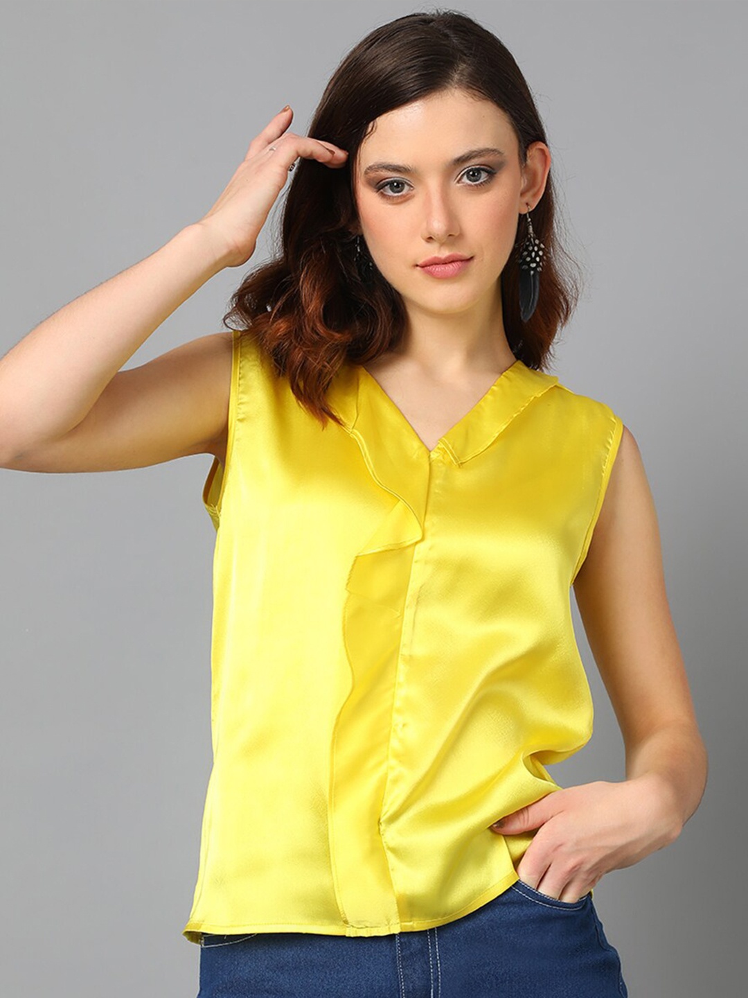 

KOTTY BIZwear Yellow Sleeveless Satin Shirt Style Top