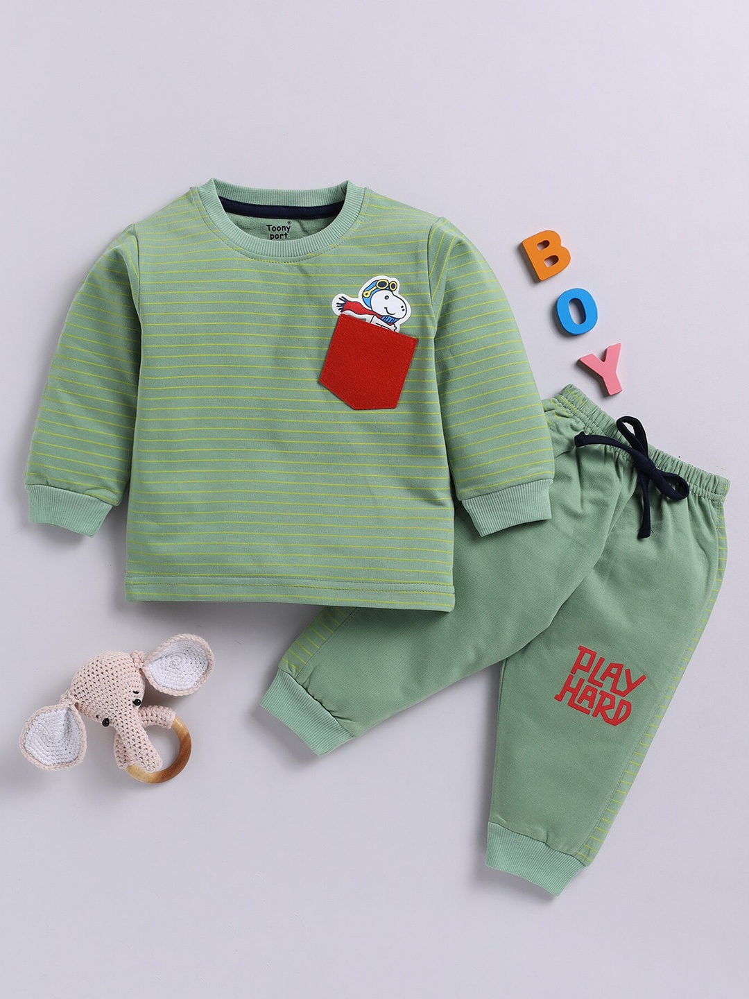 

Toonyport Boys Striped T-shirt With Trousers, Green