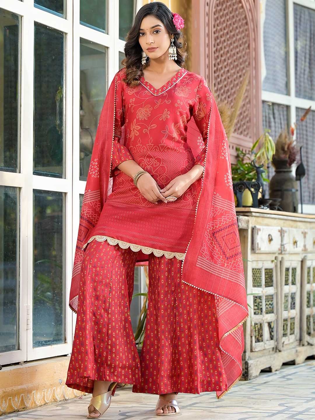 

Yufta Bandhani Printed V-Neck Gotta Patti Bell Sleeves Kurta With Palazzos & With Dupatta, Red