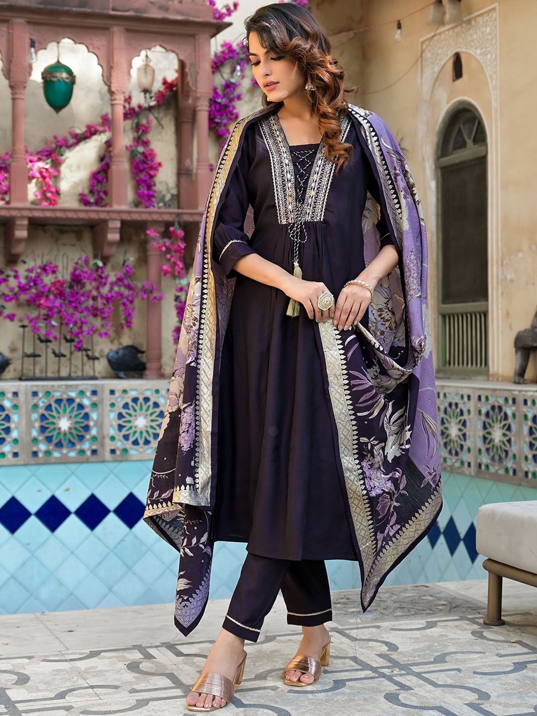 

Yufta Floral Yoke Design V-Neck Empire Thread Work A-Line Kurta With Trousers & Dupatta, Purple