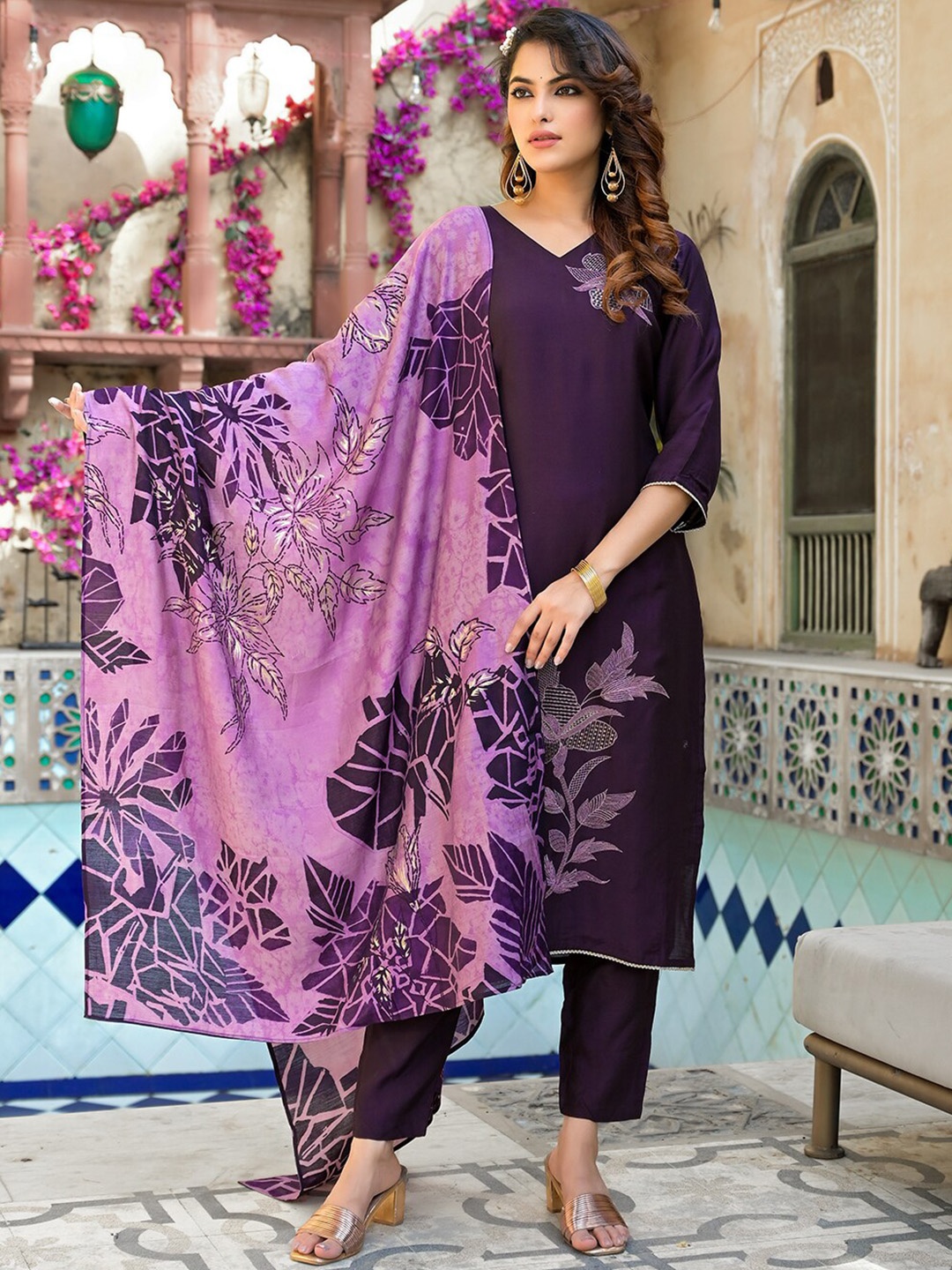 

Yufta Burgundy Floral Embroidered Kurta with Trousers & With Dupatta