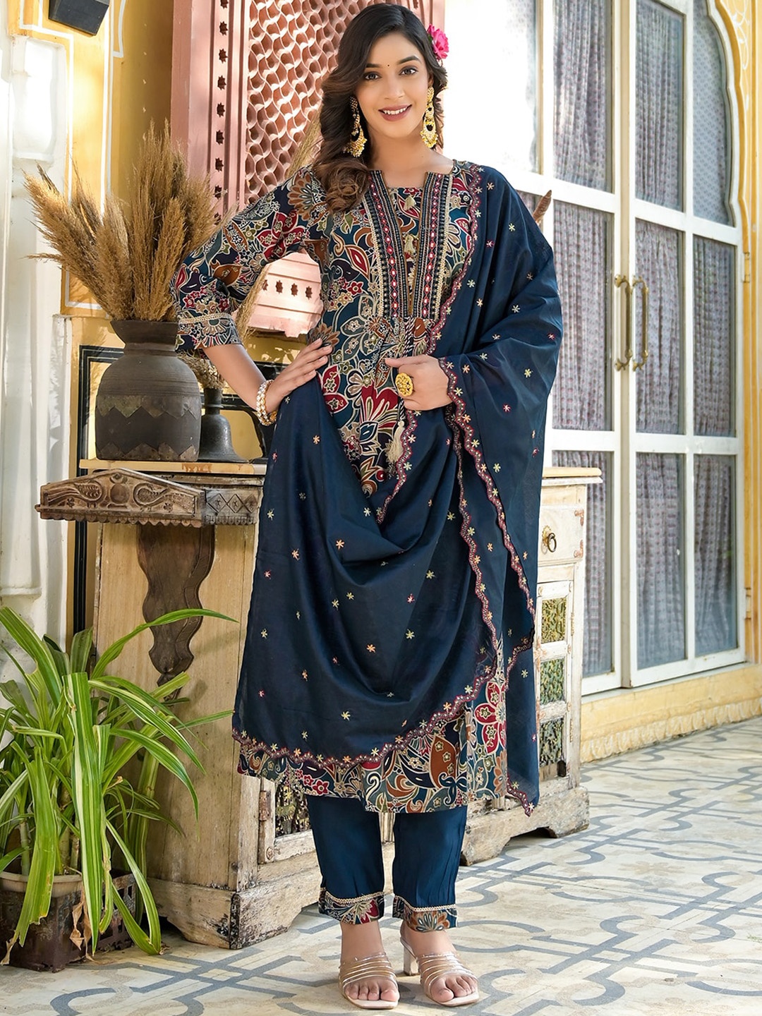 

Yufta Navy Blue Floral Printed Mirror Work Kurta with Trousers & With Dupatta
