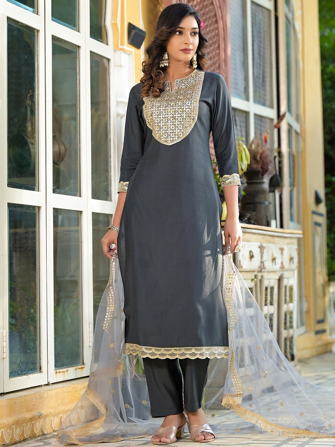 

Yufta Grey Sequin Embellished Kurta with Trousers & With Dupatta