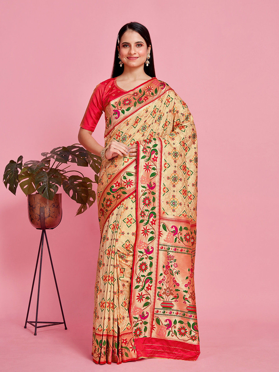 

MIMOSA Ethnic Motifs Woven Design Zari Patola Saree, Beige