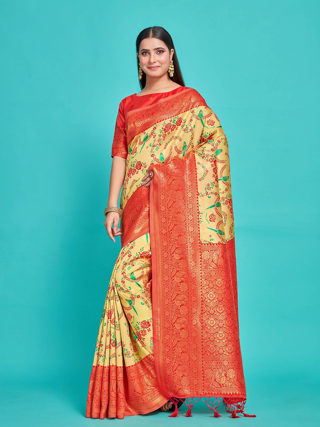 

MIMOSA Floral Woven Design Zari Art Silk Kanjeevaram Saree, Yellow