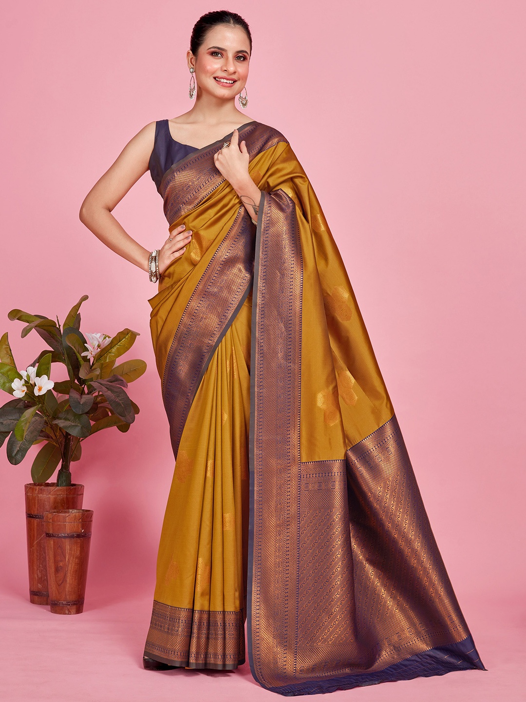 

MIMOSA Ethnic Motifs Woven Design Zari Kanjeevaram Saree, Mustard