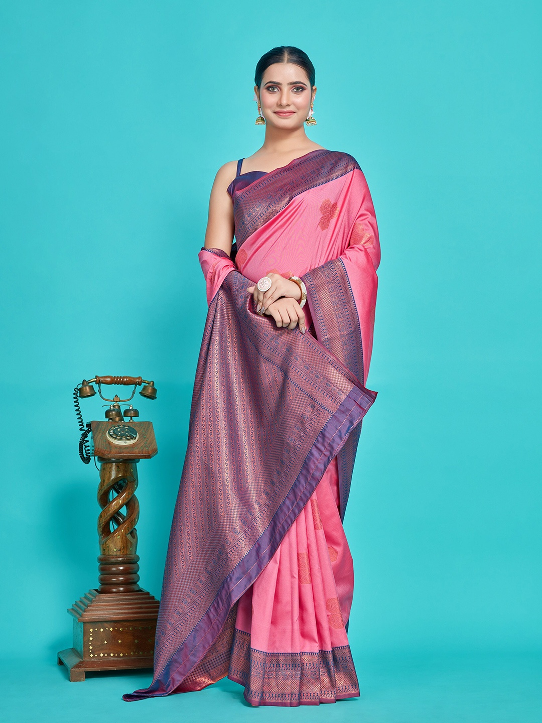 

MIMOSA Pink & Blue Ethnic Woven Design Zari Kanjeevaram Saree