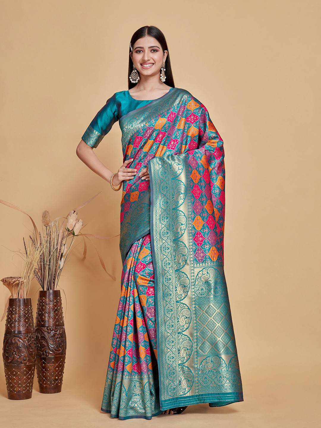 

MIMOSA Ethnic Motifs Woven Design Zari Art Silk Patola Saree, Turquoise blue