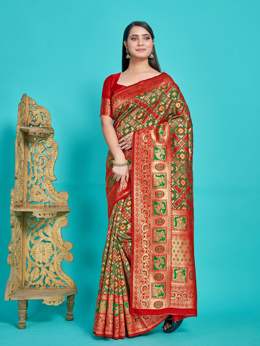 

MIMOSA Ethnic Motifs Woven Design Zari Art Silk Patola Saree, Green