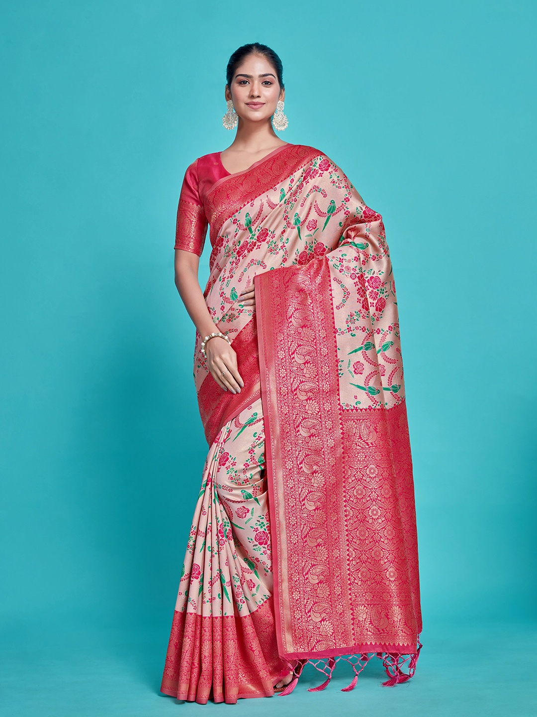 

MIMOSA Ethnic Motifs Woven Design Zari Art Silk Kanjeevaram Saree, Pink